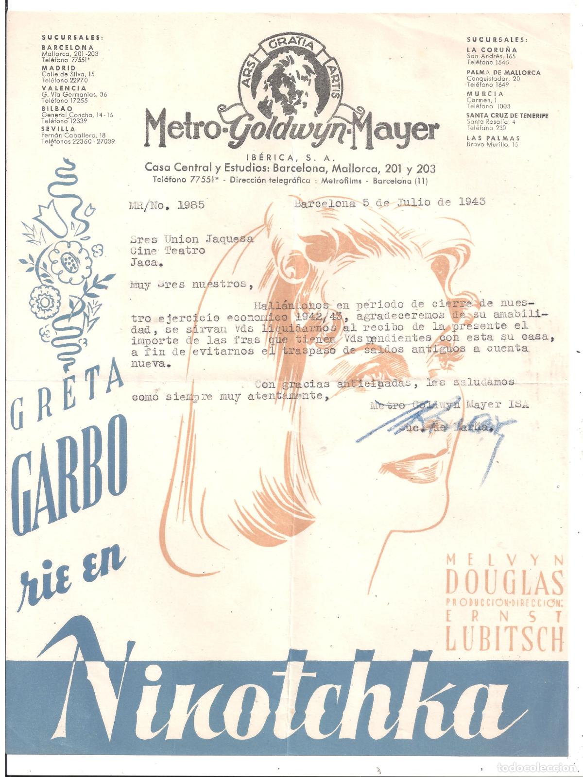 Cine: PTCC 850 NINOTCHKA PROGRAMA CARTA SENCILLO MGM GRETA GARBO MELVYN DOUGLAS
