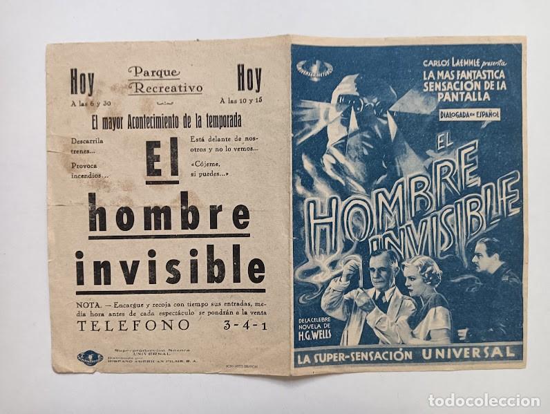 Folhetos de m&atilde;o de filmes antigos de cinema: EL HOMBRE INVISIBLE PROGRAMA DOBLE azul UNIVERSAL CLAUDE RAINS GLORIA STUART JAMES WHALE