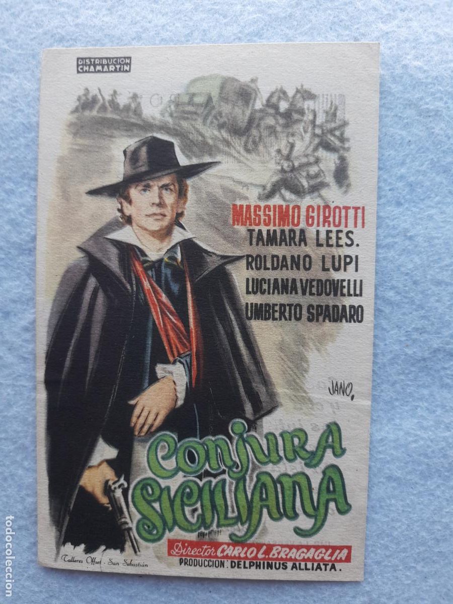 Folhetos de m&atilde;o de filmes antigos de cinema: Conjura Siciliana. A&ntilde;o 1954. Massimo Girotti. Tamara Lees. Roland Lupi.