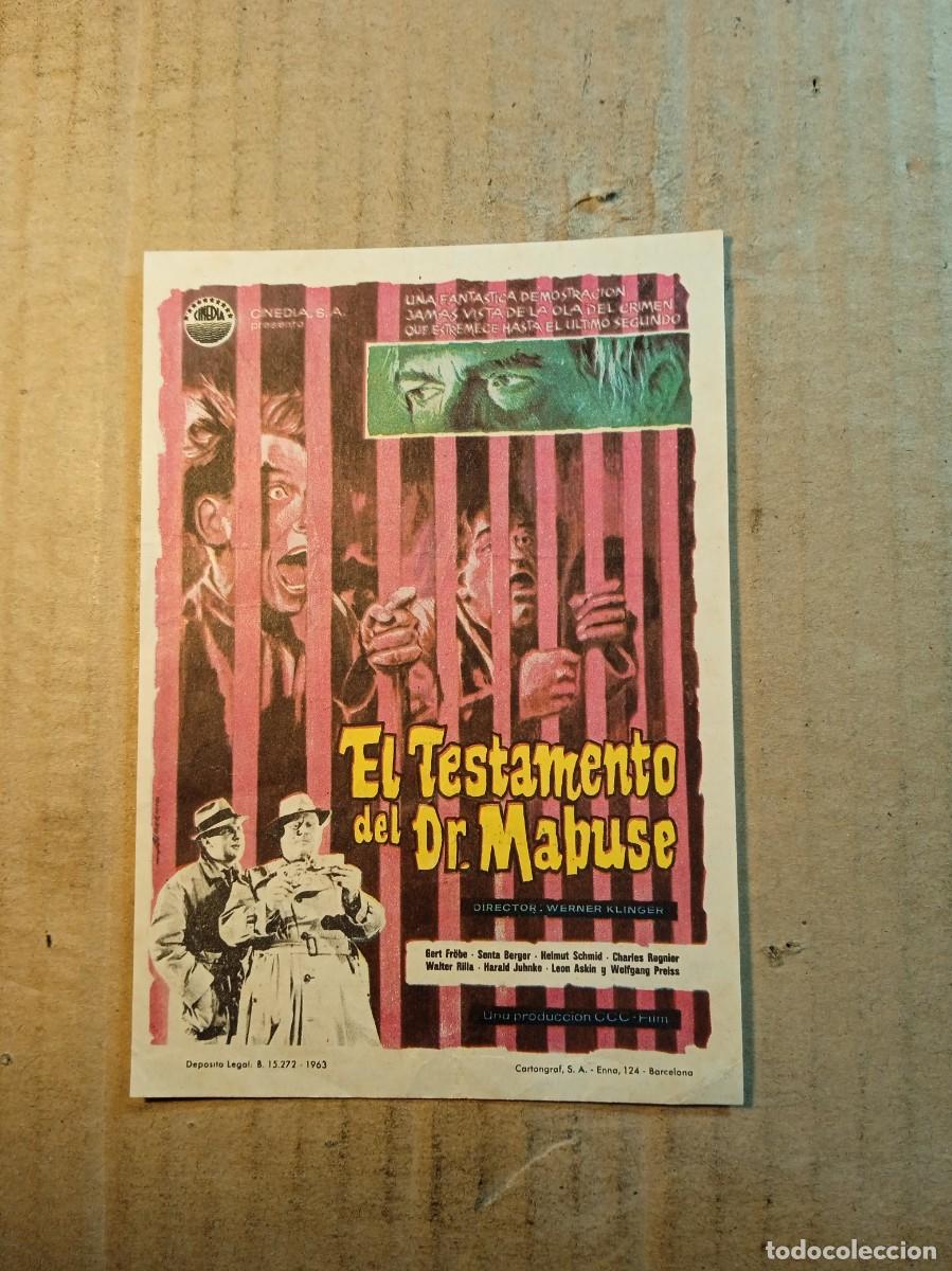 Folhetos de m&atilde;o de filmes antigos de cinema: FOLLETO DE MANO CON PUBLICIDAD EL TESTAMENTO DEL DR. MABUSE
