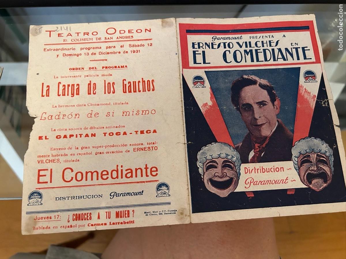  Flyers Publicitaires de films Anciens: 2141 EL COMEDIANTE TEATRO ODEON SAN ANDRES CON PUBLICIDAD COMO SE VE