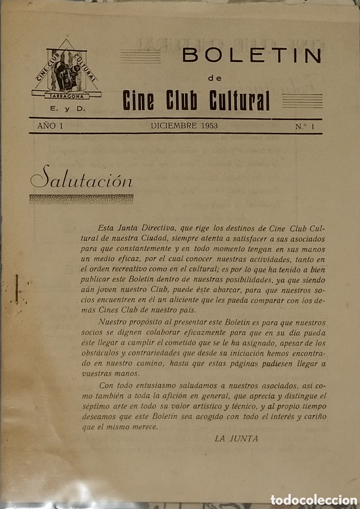Cine: Bolet&iacute;n N&ordm; 1 Cine Club Cultural Tarragona (Diciembre 1953) - Rareza Cine