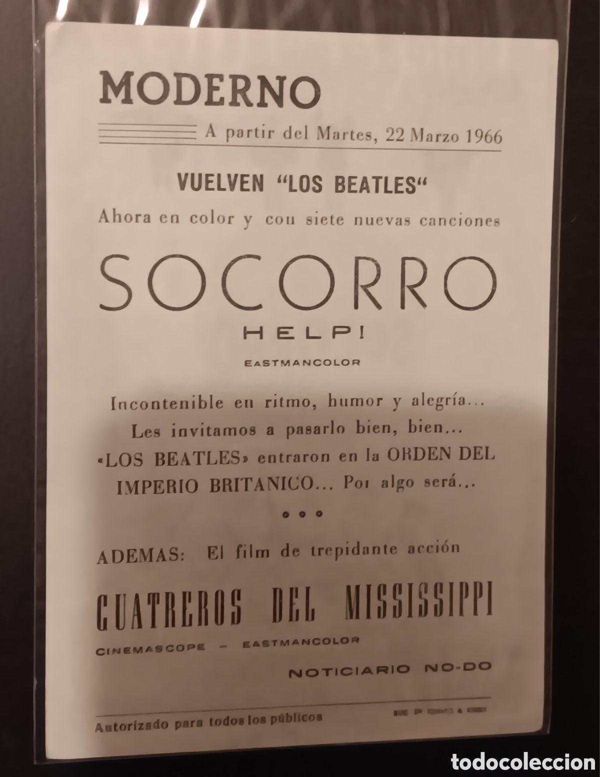 Cine: BEATLES PROGRAMA DE MANO ORIGINAL 1966 CINEMA SOCORRO - Foto 2