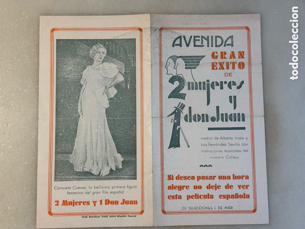 Cine: Folleto, programa de cine 2 mujeres y 1 don Juan Cine avenida 1934