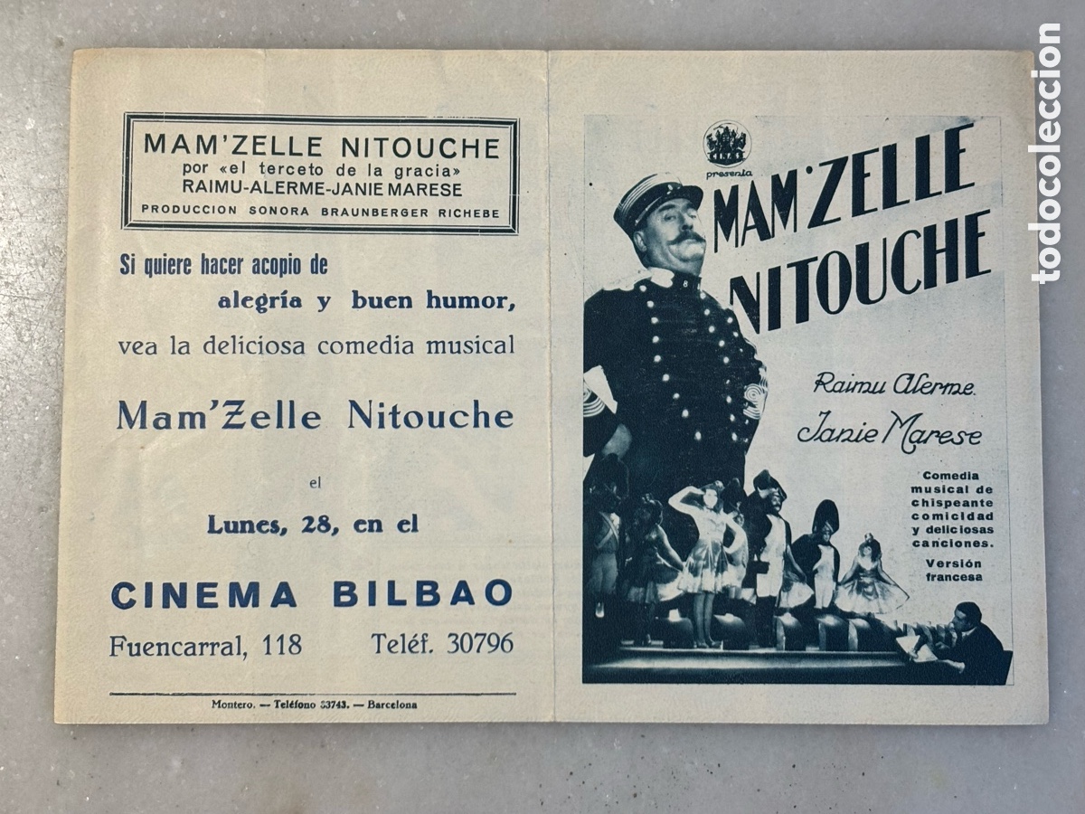 Cine: Programa folleto de cine Man&rsquo;Zelle Nitouche publicidad Cine Bilbao, Madrid, 1931