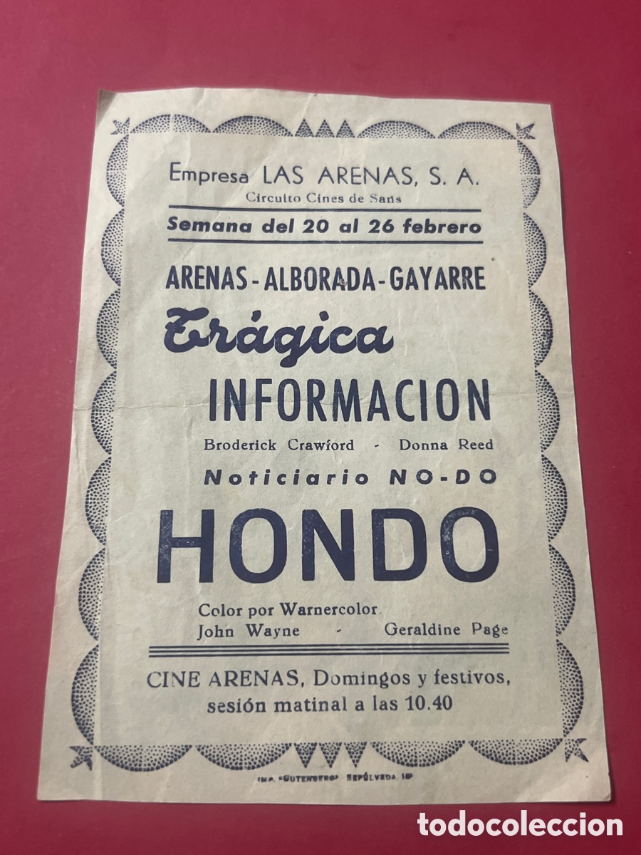 Cine: L860/9. PROGRAMA CINE. HONDO. JOHN WAYNE. CINE - LAS ARENAS - Foto 2
