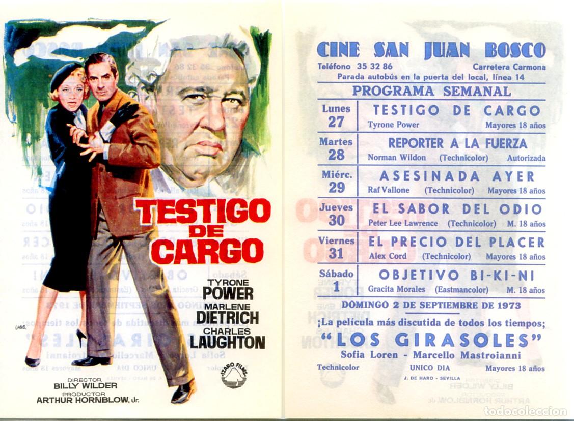 Cine: FOLLETO DE MANO ORIGINAL TESTIGO DE CARGO CINE SAN JUAN BOSCO 1973 SEVILLA