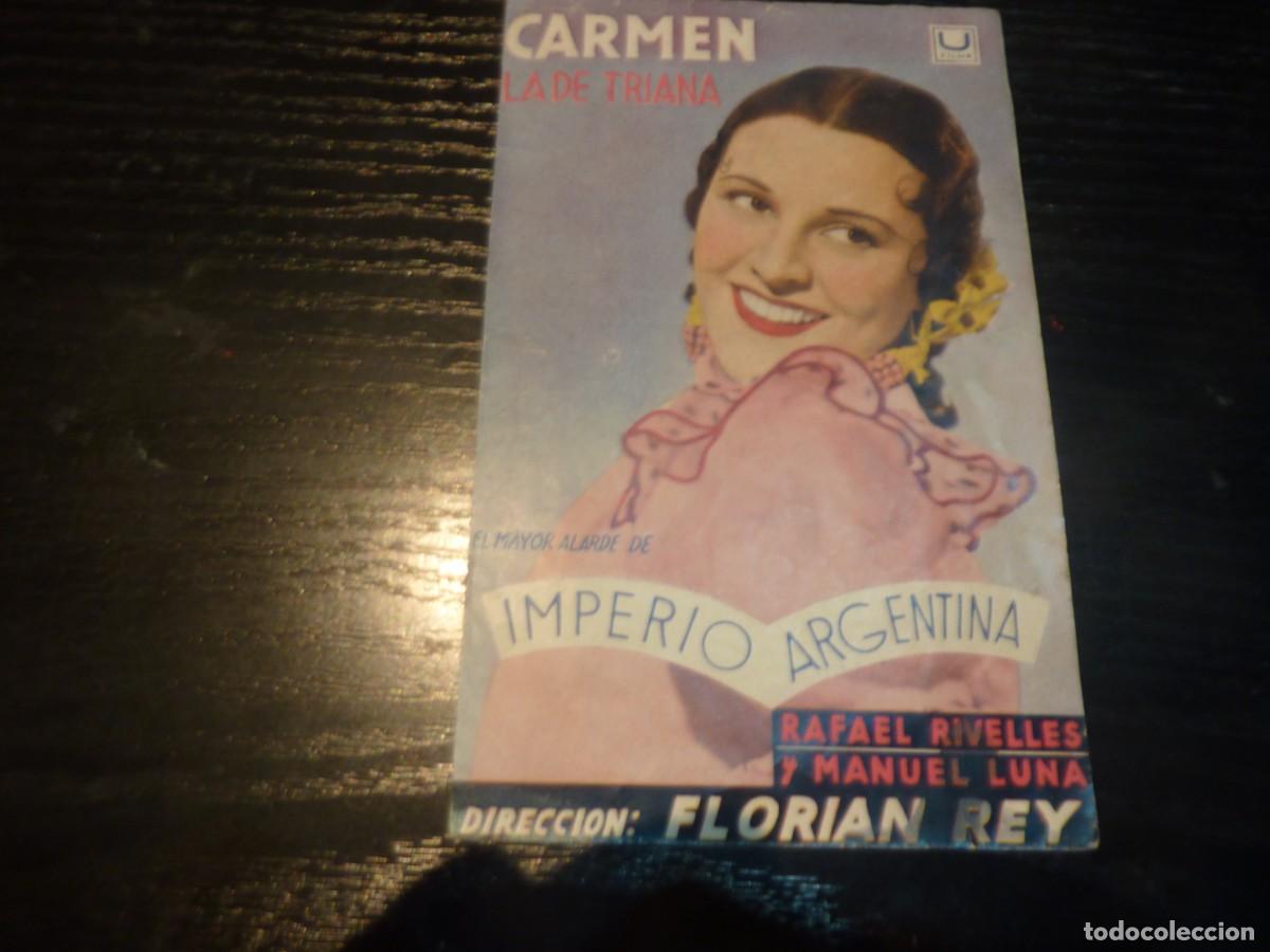 Folhetos de m&atilde;o de filmes antigos de cinema: Folleto de cine CARMEN LA DE TRIANA con publicidad