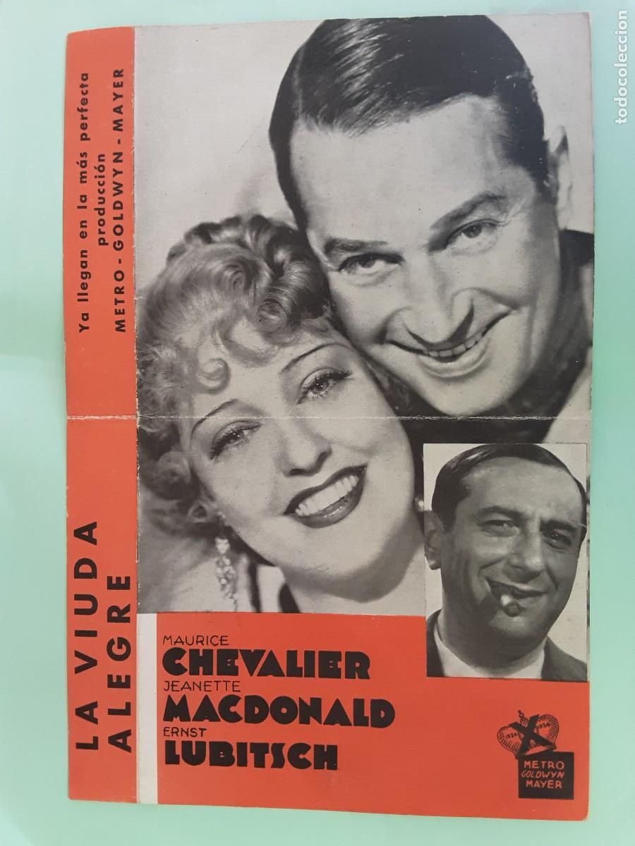 Folhetos de m&atilde;o de filmes antigos de cinema: La viuda alegre , Mauricie Chevalier yJeannette McDonald. Programa Metro especial