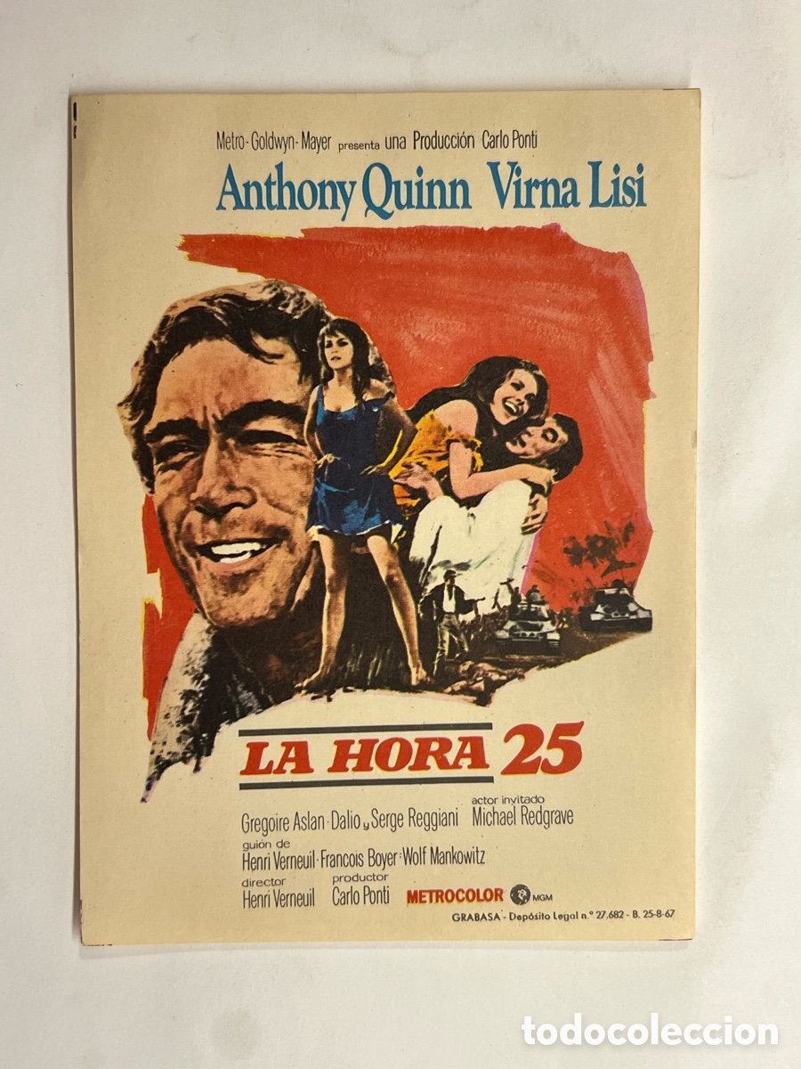  Flyers Publicitaires de films Anciens: LA HORA 25 - Anthony Quinn, Virna Lisi. Folleto de mano. SIN PUBLICIDAD