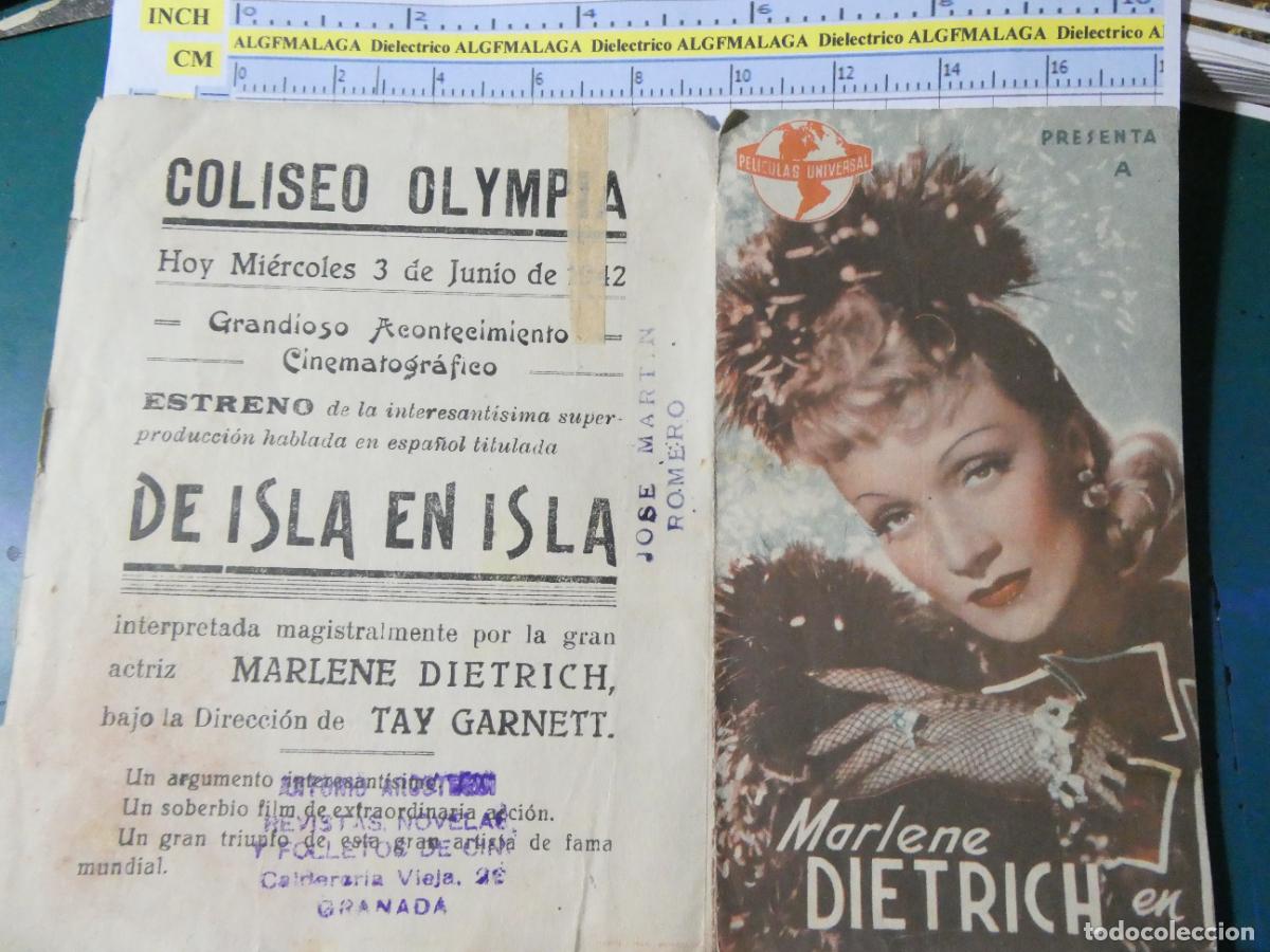 Cine: PROGRAMA DE MANO. CINE. PEL&Iacute;CULA. DE ISLA EN ISLA MARLE DIETRICH 1942 COLISEO OLYMPIA GRANADA. 451