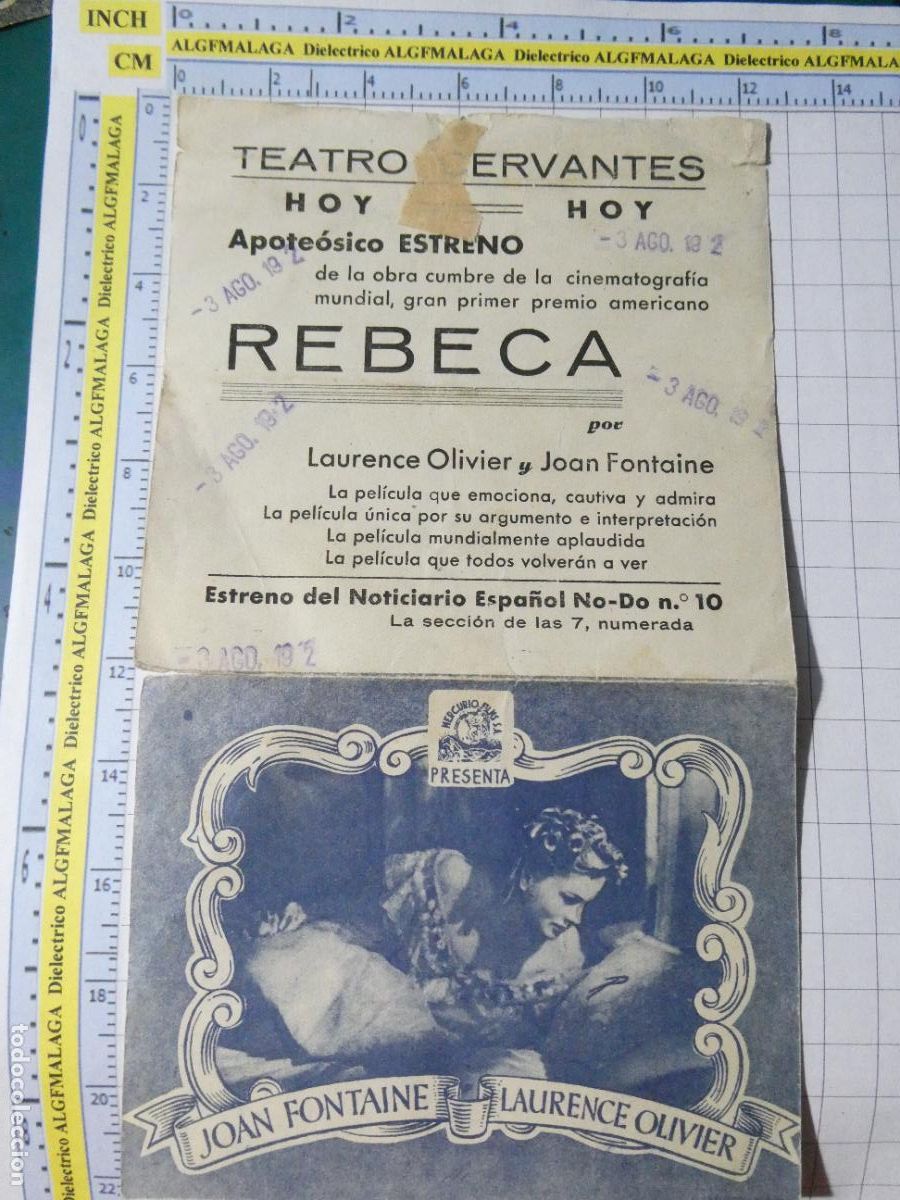 Cine: PROGRAMA DE MANO. CINE. PEL&Iacute;CULA. REBECA ALFRED HITCHCOCK 1942 TEATRO CERVANTES . 457