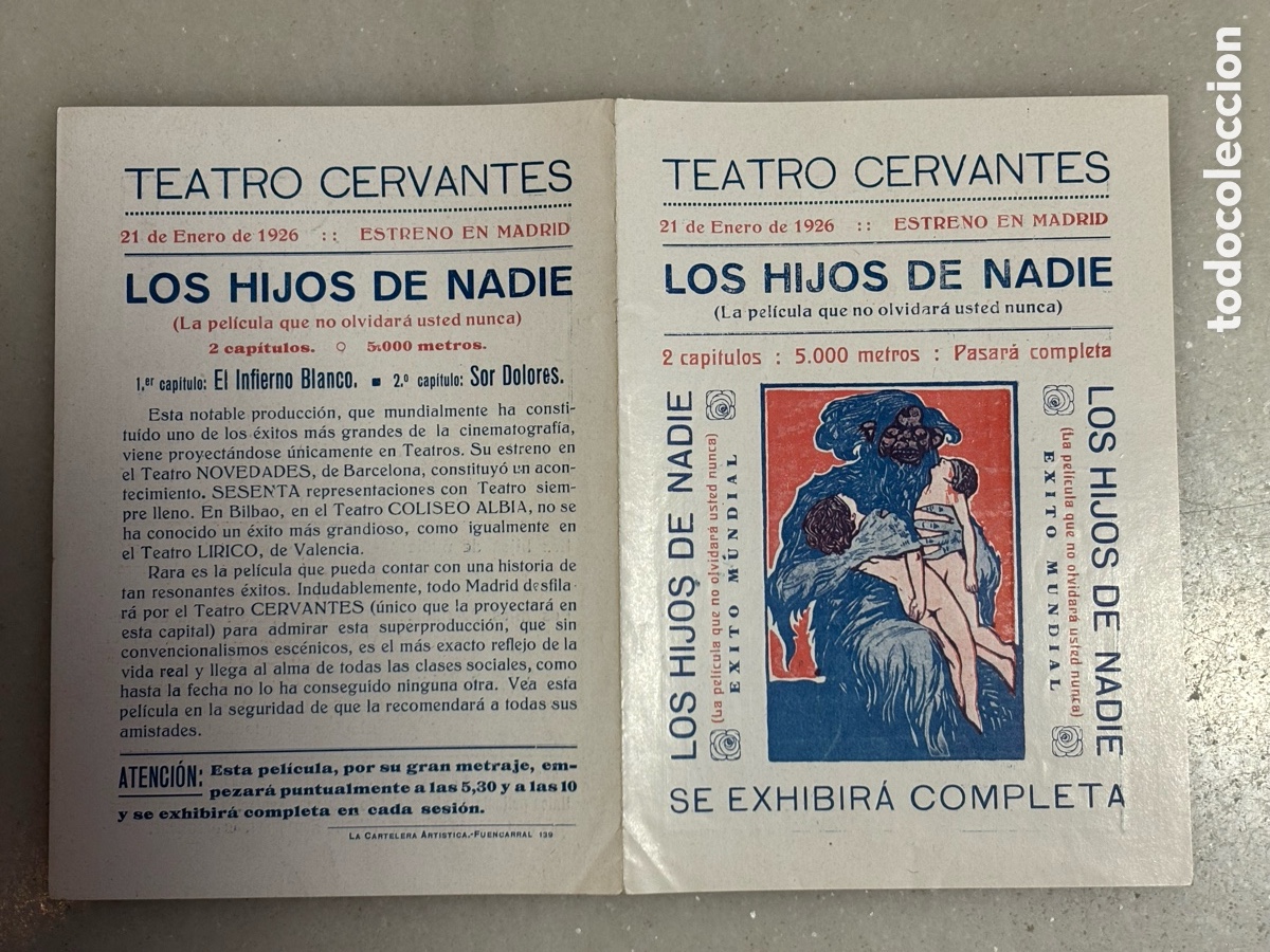 Folhetos de m&atilde;o de filmes antigos de cinema: Folleto de cine, los hijos de nadie Teatro, Cervantes, 1926