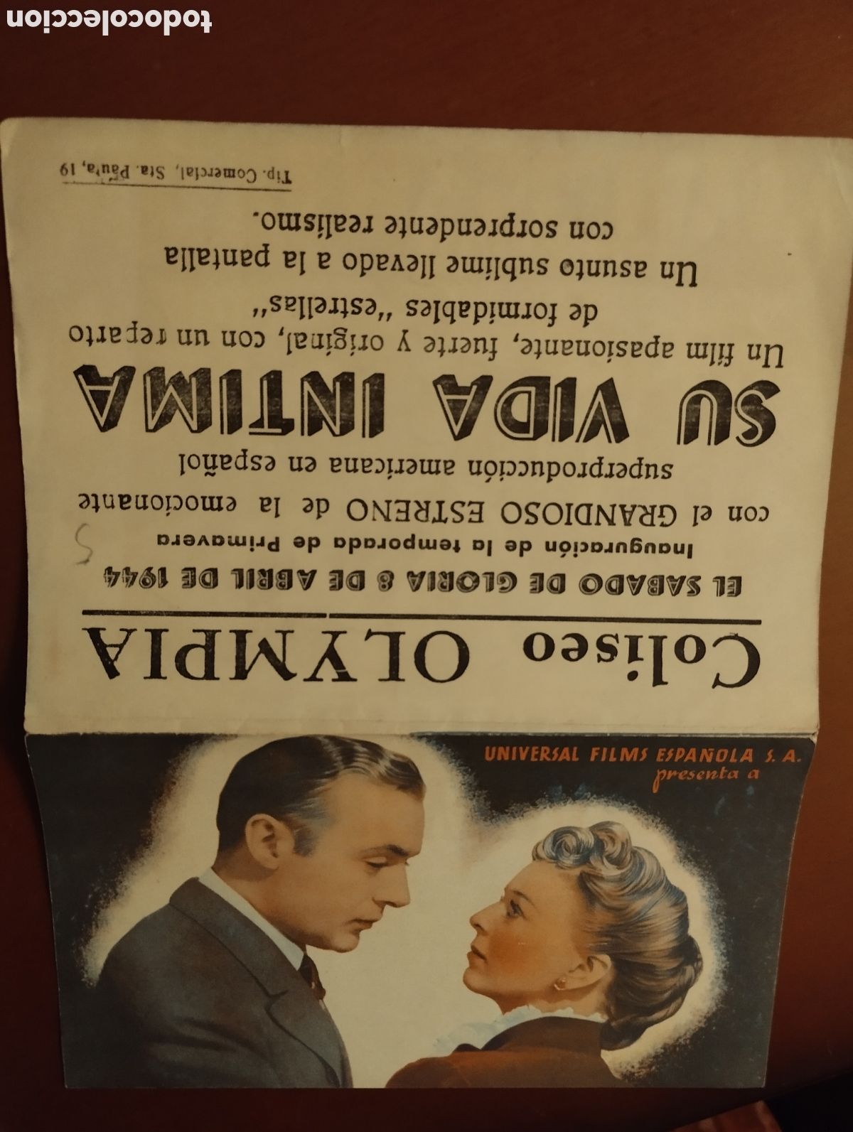 Cine: Folleto Programa de cine DOBLE - SU VIDA &Iacute;NTIMA