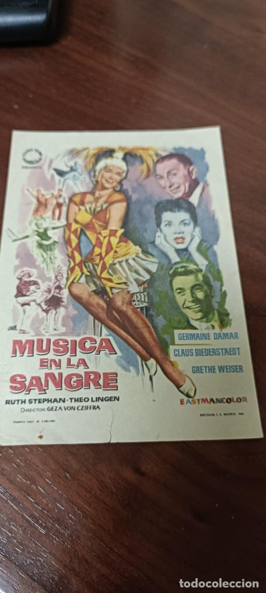 Folhetos de m&atilde;o de filmes antigos de cinema: M&uacute;sica en la sangre.Folleto de mano.