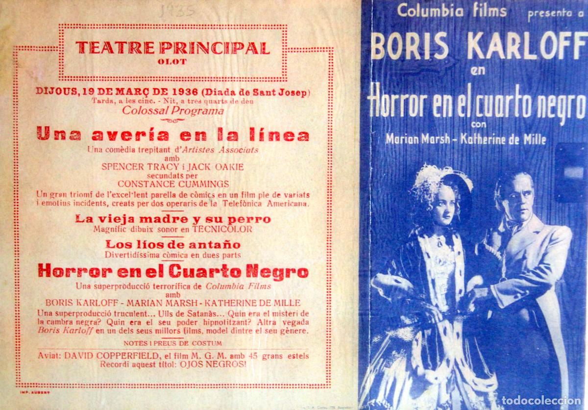 Folhetos de m&atilde;o de filmes antigos de cinema: BORIS KARLOFF: TERROR EN EL CUARTO NEGRO, FOLLETO DE MANO - 19,5 x 23 cm