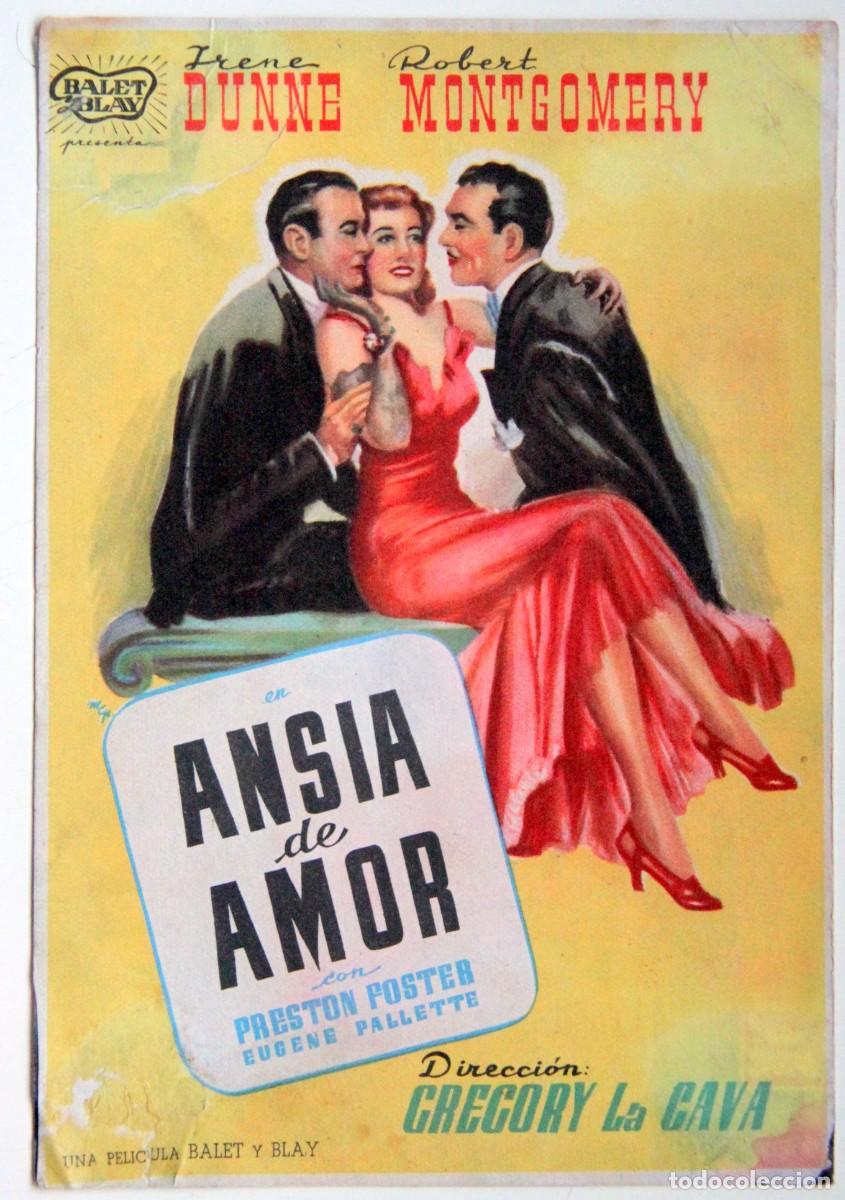 Folhetos de m&atilde;o de filmes antigos de cinema: ANSIA DE AMOR, GREGORY LA CAVA - PROGRAMA DE MANO
