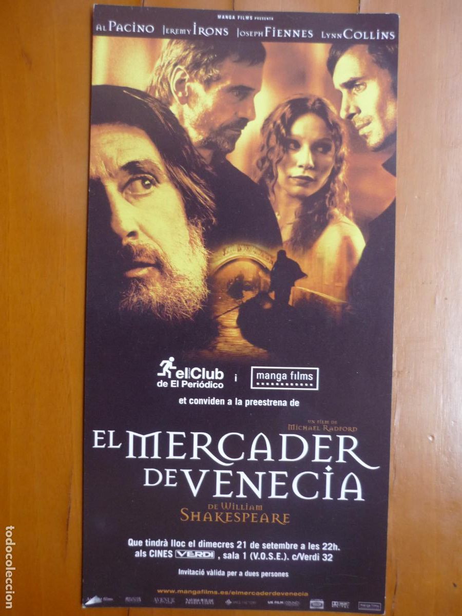 Cinema: el mercader de vencia - folleto mano invitacion preestreno - al pacino jeremy irons lynn collins