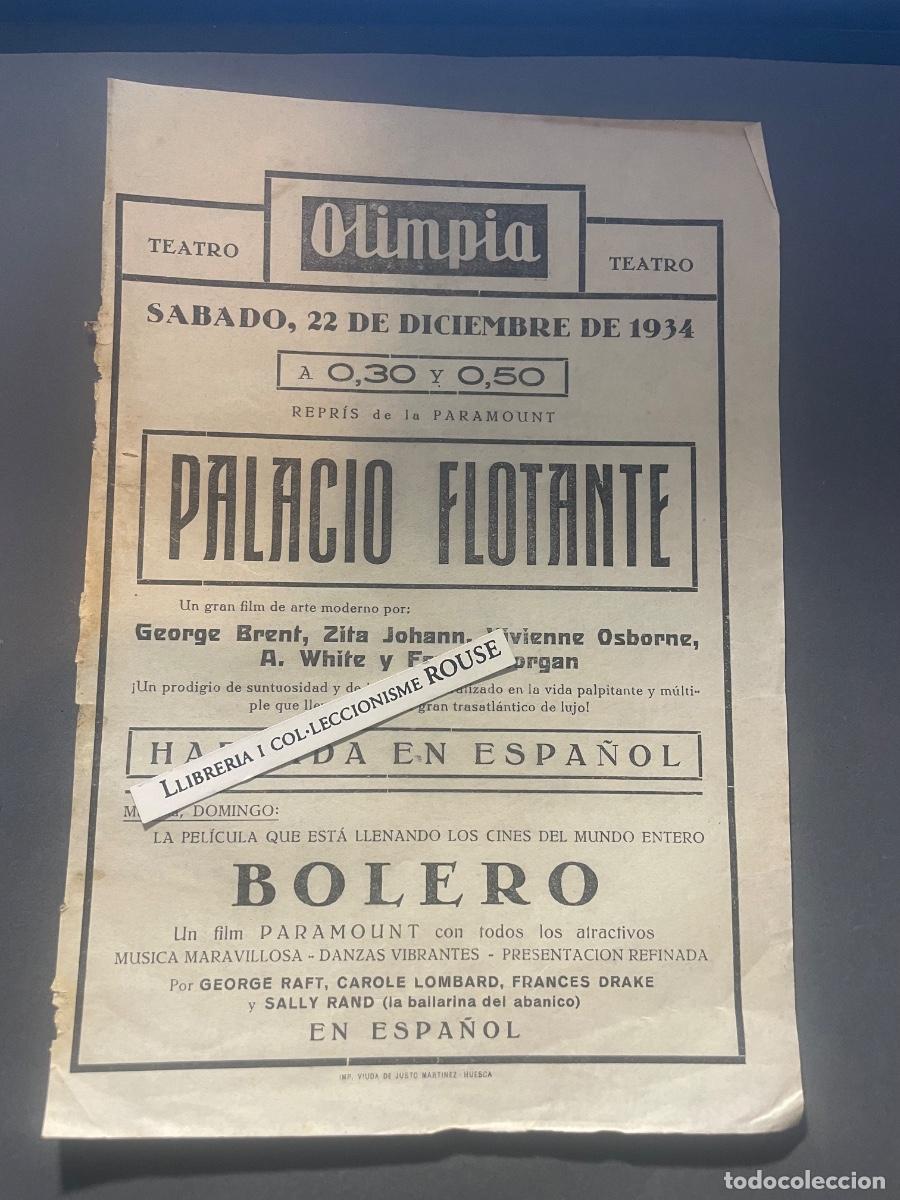 Cine: CARTEL/PROGRAMA DE CINE - PALACIO FLOTANTE - REPRIS DE LA PARAMOUNT - 1934 TEATRO OLIMPIA HUESCA -