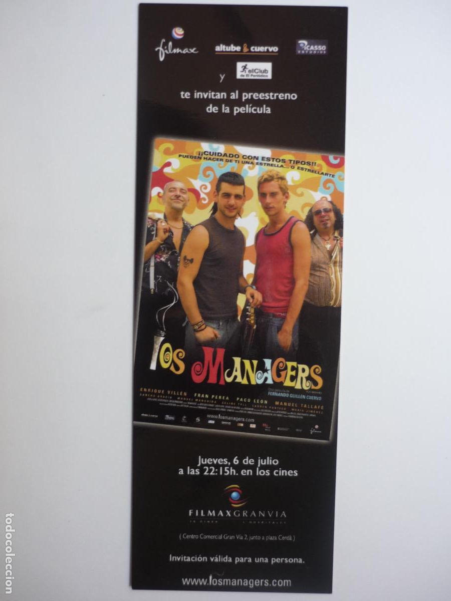 Cine: los managers - folleto mano invitacion preestreno - fran perea paco leon alba flores maria jimenez