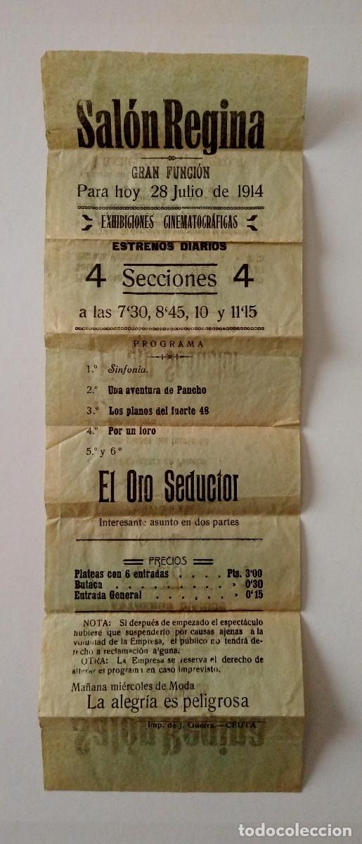 Cine: &Uacute;nico. Antiguo programa pionero cine Exhibiciones Cinematogr&aacute;ficas Sal&oacute;n Regina, Ceuta Julio 1914 rp