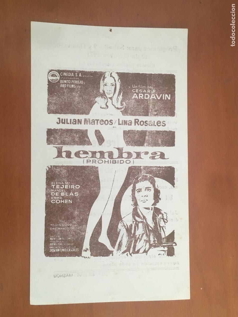 Cine: hembra prohibido julian mateos emma cohen lina rosales folleto de mano local original estreno