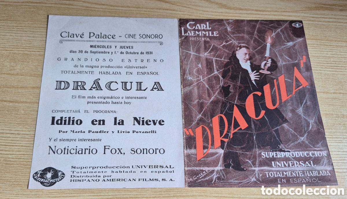 Cine: Antiguo programa de cine doble muy raro Dr&aacute;cula Clav&eacute; Palace 1931