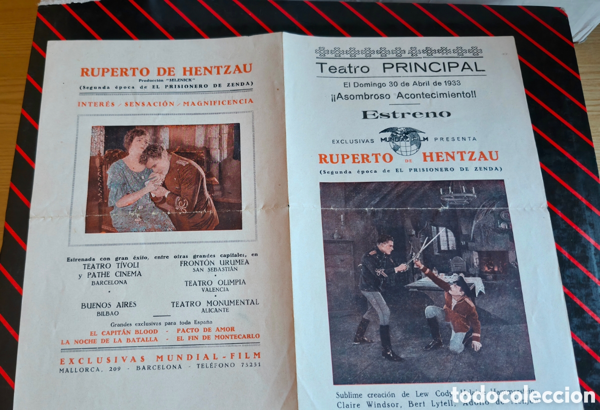 Cine: Antiguo programa de cine Ruperto de Hentzau Cine Principal 1933
