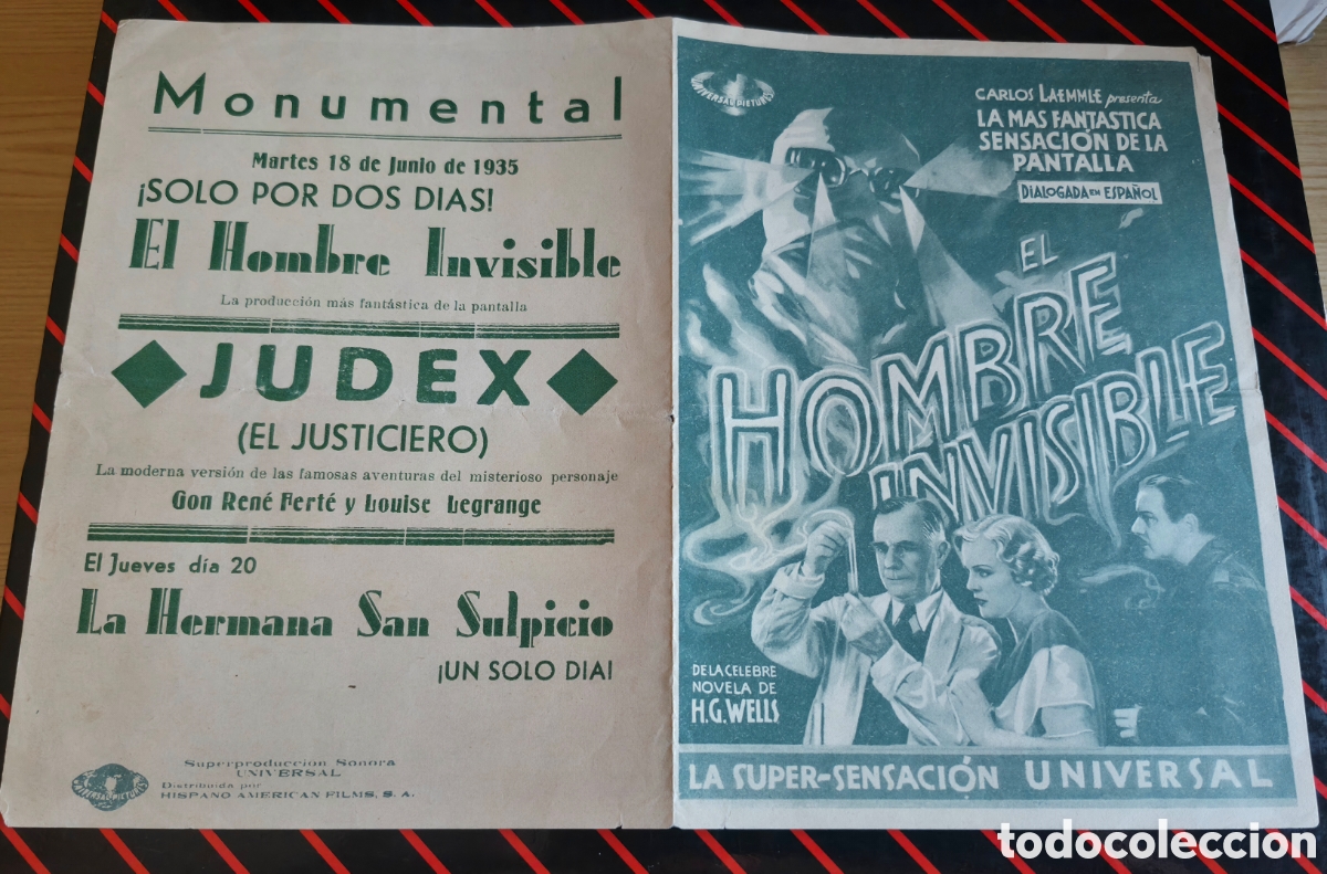 Cine: Antiguo programa de cine doble El hombre invisible Cine Monumental