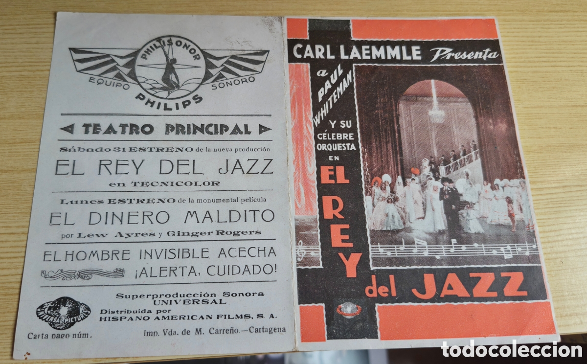 Cine: Antiguo programa de cine doble El rey del jazz Teatro Principal ee Cartagena A&ntilde;os 30