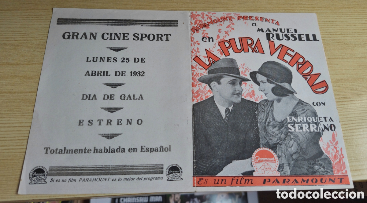 Cine: Antiguo programa de cine doble La pura verdad Cine Sport de Cartagena 1932