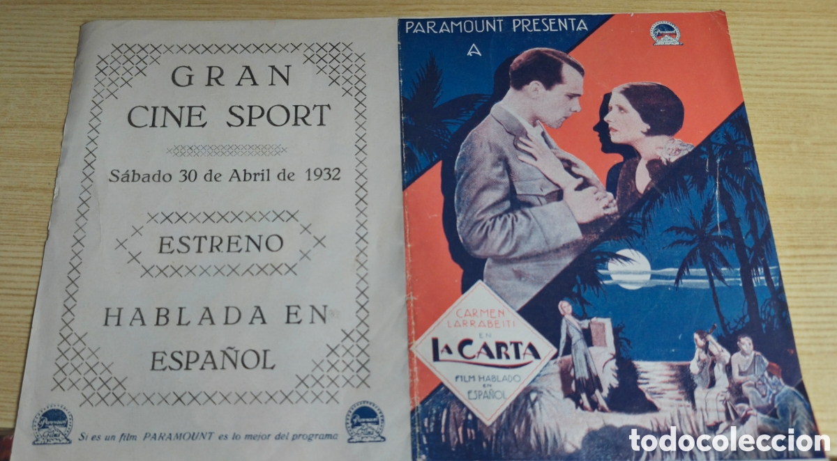 Cine: Antiguo programa de cine doble La carta Gran Cine Sport de Cartagena 1932