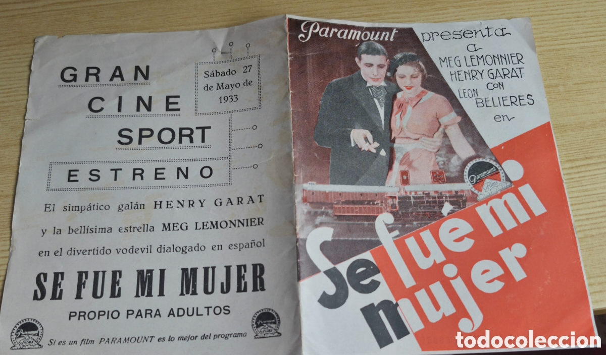 Cine: Antiguo programa de cine doble Se fue mi mujer Gran Cine Sport de Cartagena 1933