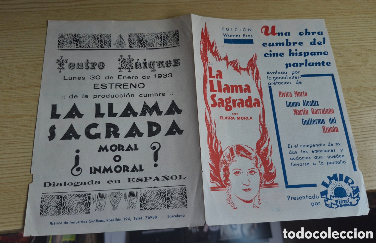 Cine: Antiguo programa de cine doble La llama sagrada Teatro M&aacute;iquez de Cartagena 1933