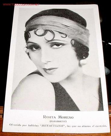 Cin&eacute;ma: ANTIGUA  FOTO POSTAL DE LA ACTRIZ ROSIETA MORENO  - CON PUBLICIDAD DE METACYLINE