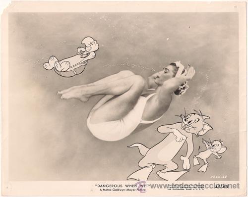 Cine: F27893D ESTHER WILLIAMS TOM JERRY DANGEROUS WHEN WET FOTO B/N ORIGINAL AMERICANA