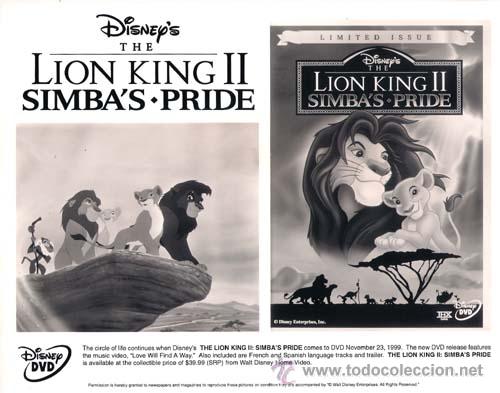 Cine: F5281 EL REY LEON 2 SIMBA'S PRIDE WALT DISNEY FOTO B/N ORIGINAL AMERICANA