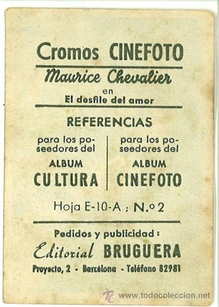 Cine: CROMO CINEFOTO MAURICE CHEVALIER EDITORIAL BRUGUERA HOJA E-10-A Nº 2 - Foto 2 - 38902010