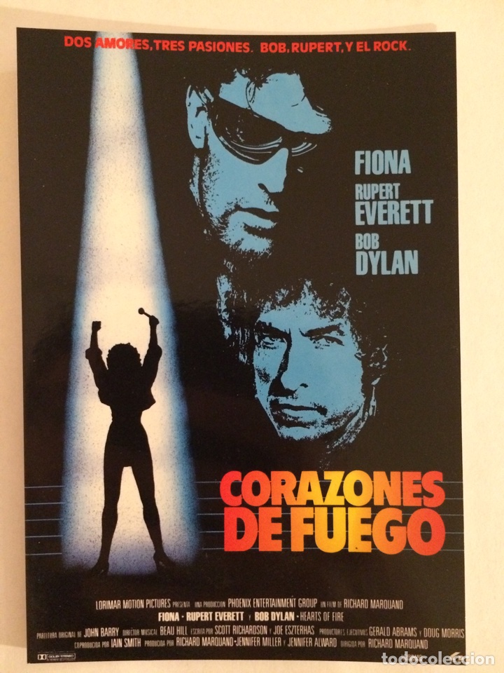 Cine: Postal pel&iacute;cula CORAZONES DE FUEGO (Hearts of Fire) con Fiona Flanaga, Rupert Everett, Bob Dylan