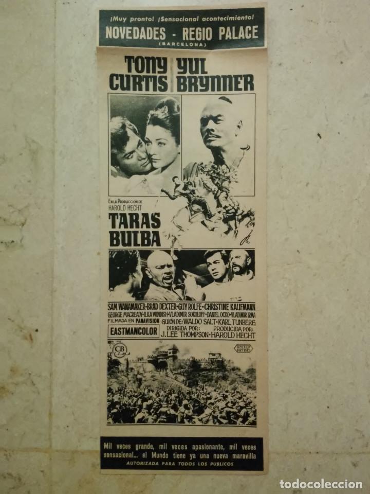 Cine: ANTIGUO ANUNCIO ENCARTONADO - 10*30 - TARAS BULBA - YUL BRYNNER - AVENTURAS - TONY CURTIS