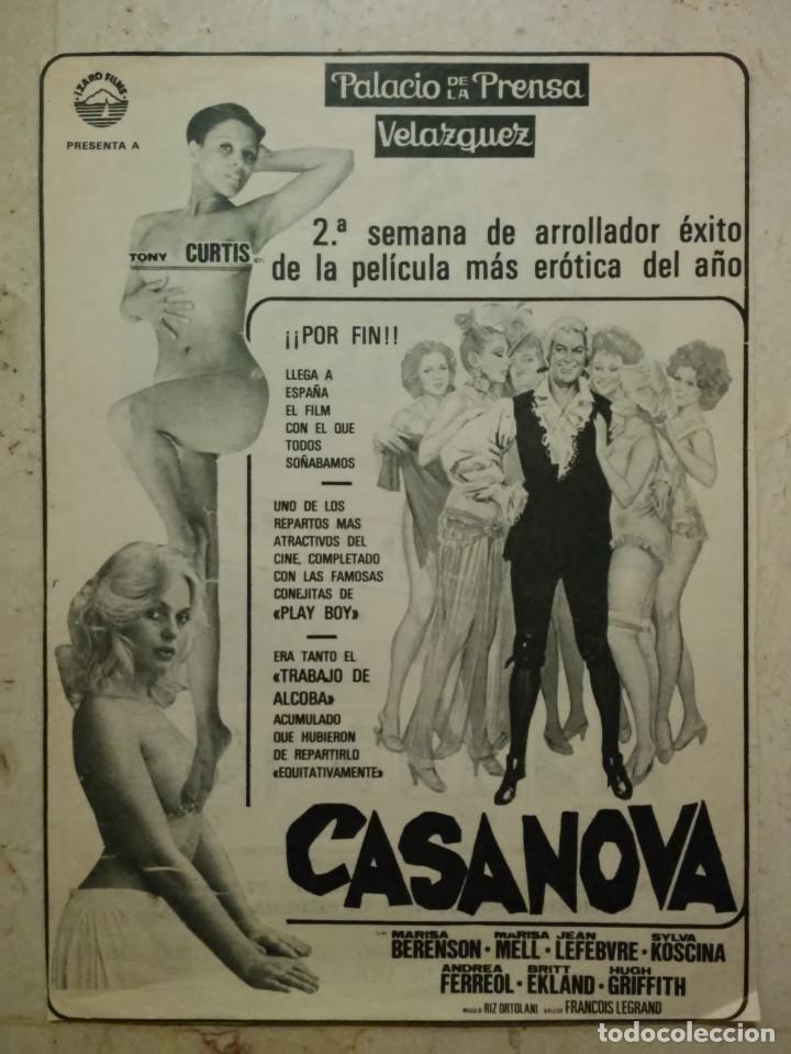 Cine: ANTIGUO ANUNCIO ACARTONADO -A4- CASANOVA - TONY CURTIS - MARISA BERENSON - BRITT EKLAND