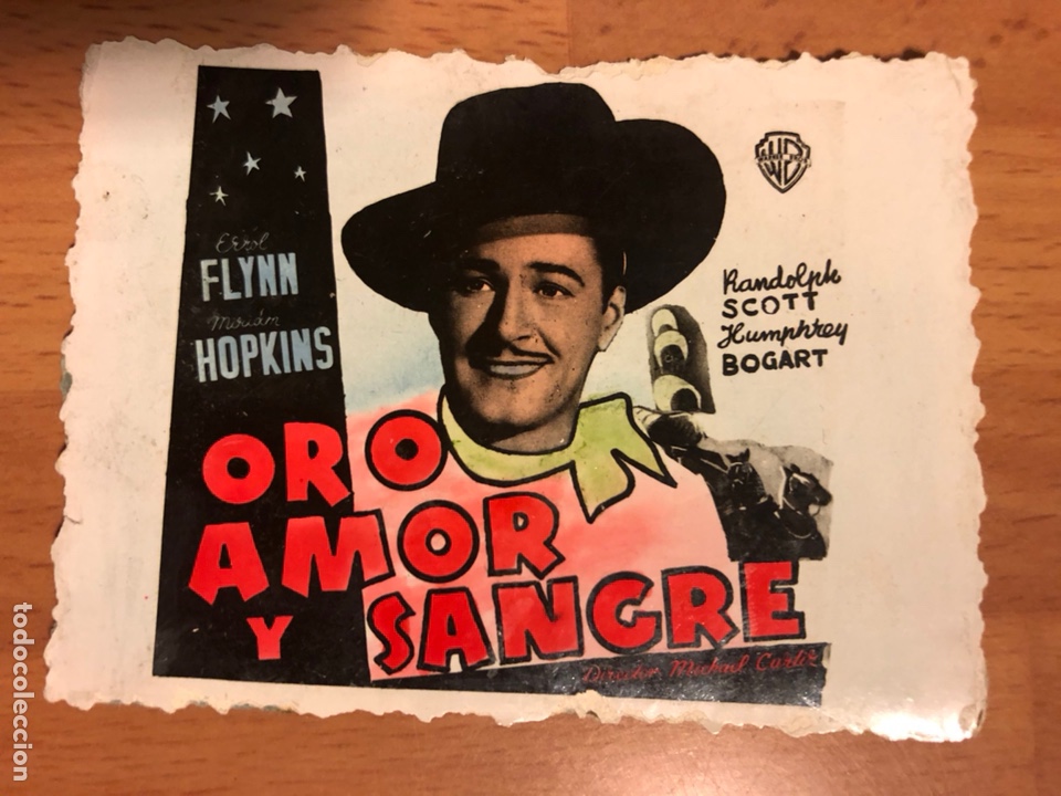 Cine: Tarjeta clich&eacute; cine 8x6 cm oro amor y sangre errol flynn humphrey bogart Miriam hopkins