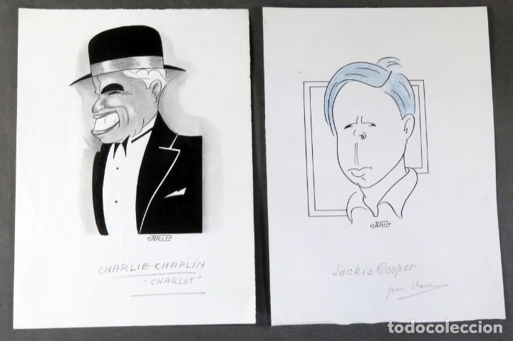 Kino: 2 caricaturas firmadas Jusin Charlie Chaplin Charlot y Jackie Cooper a&ntilde;os 30
