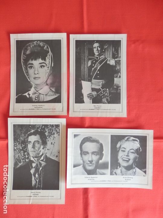 Kino: Guerra y paz, 4 fotocromos actores, henry fonda, andrey hepburn, mel ferrerv.gassman a.ekberg