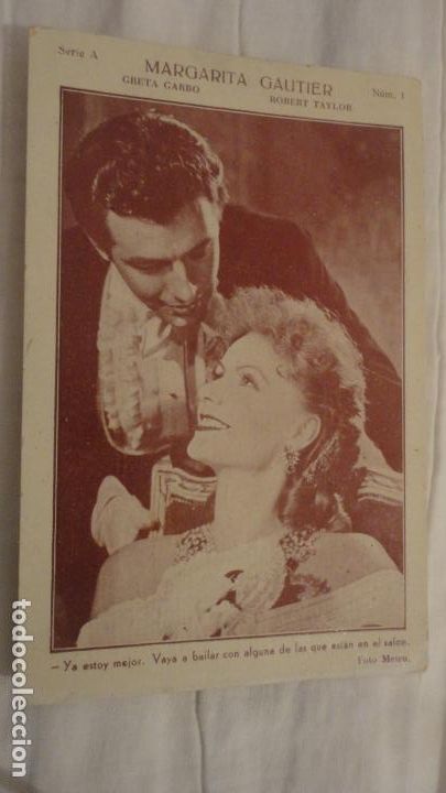 Cine: ANTIGUA POSTAL CROMO MARGARITA GAUTIER.GRETA GARBO ROBERT TAYLOR. N&ordm; 1 FOTO METRO.