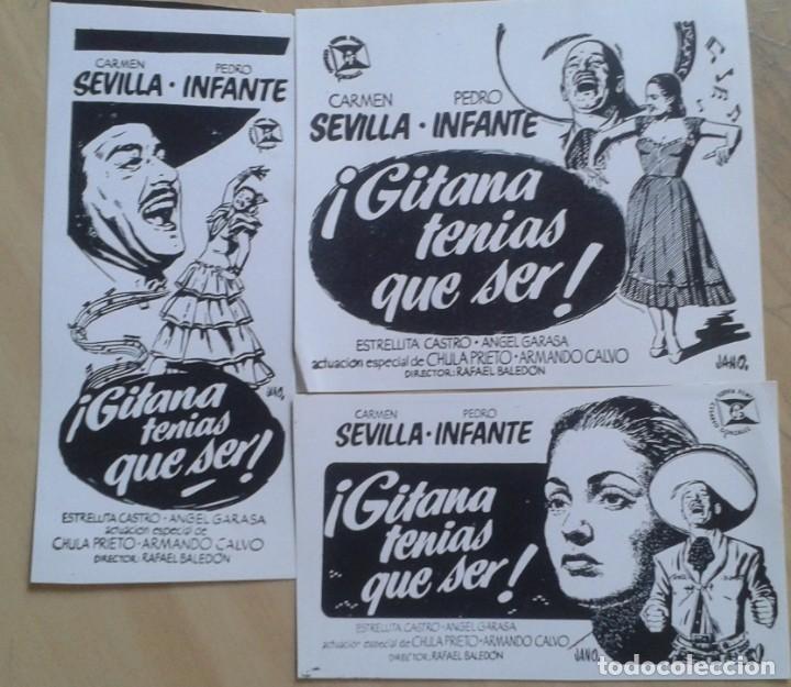 Cine: GITANA TEN&Iacute;AS QUE SER. 3 CLICH&Eacute;S DE PRENSA. CARMEN SEVILLA, PEDRO INFANTE. JANO.
