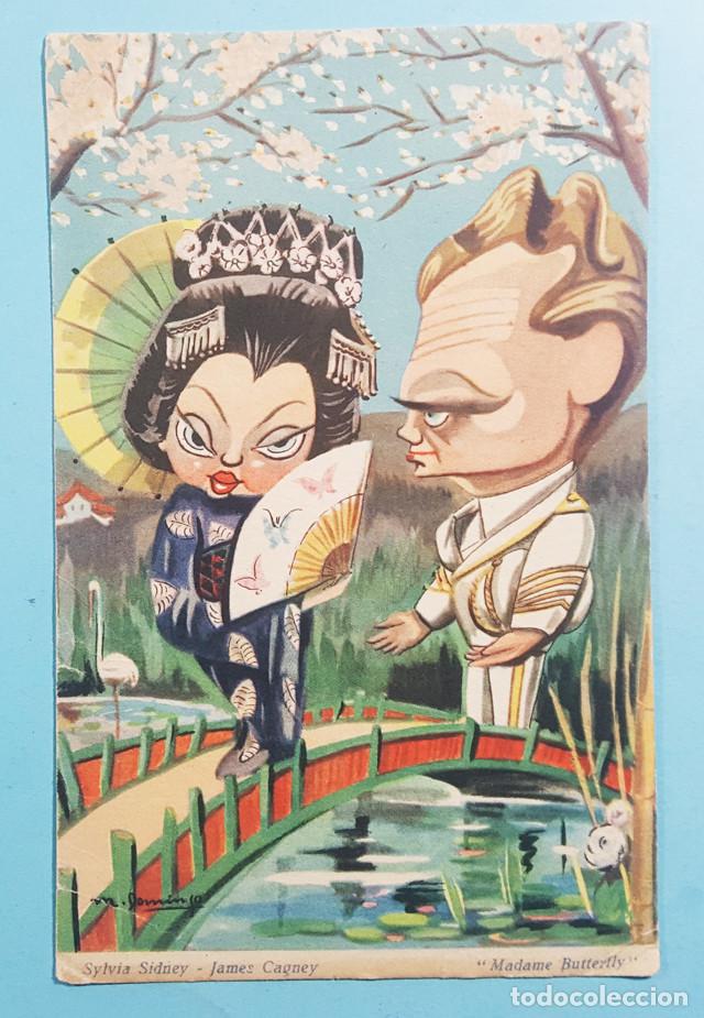 Kino: POSTAL CARICATURA SYLVIA SIDNEY Y JAMES CAGNEY, MADAME BUTTERFLY, EDICIONES ARFA