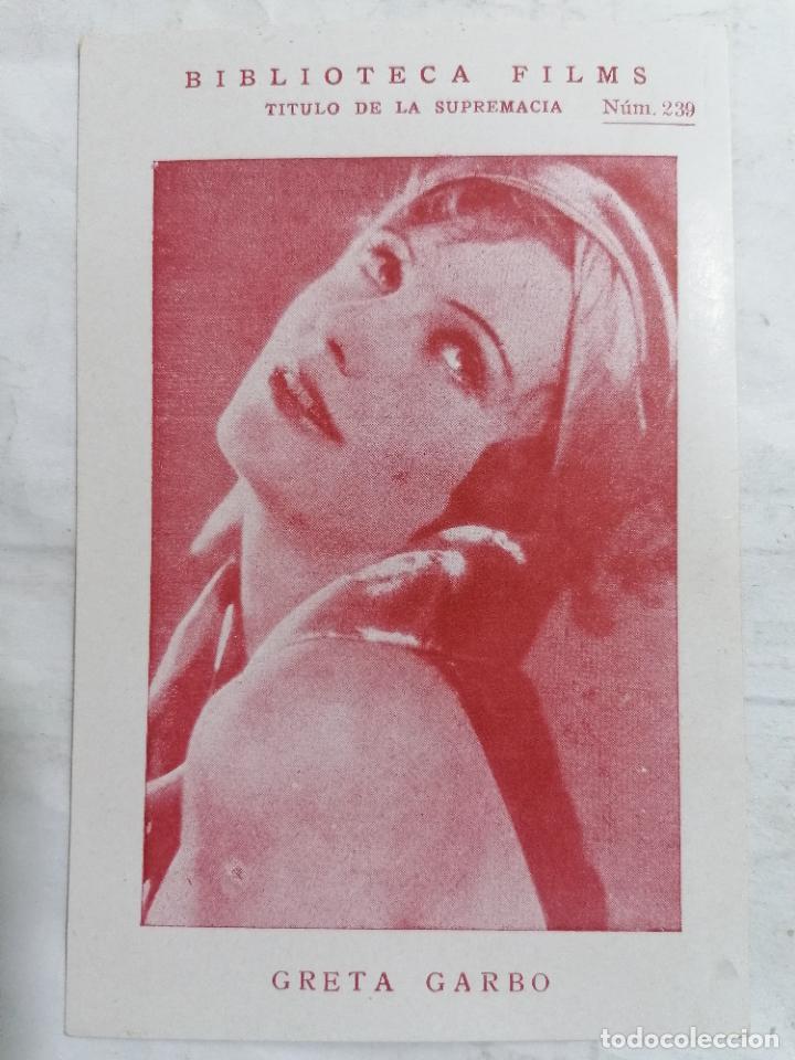 Cine: TARJETA GRETA GARBO, BIBLIOTECA FILMS, N&ordm; 239, A&Ntilde;OS 30, MEDIDAS 9,5 X 14,5 CM