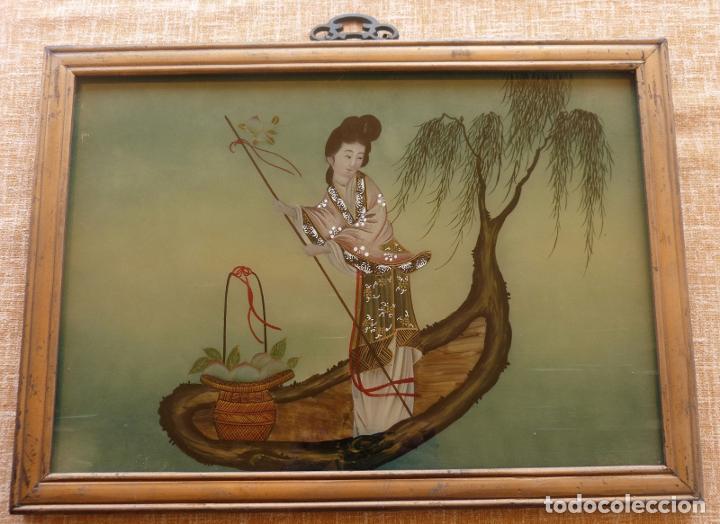 Cinema: Lady in a Boat Reverse Painted Glass Panel, Modern, 35 x 50 cm., Framed, Glazed