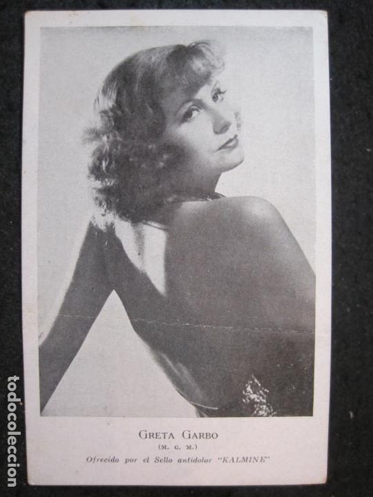 Cine: GRETA GARBO-PUBLICIDAD SELLO ANTIDOLOR KALMINE (FARMACIA)-POSTAL ANTIGUA-VER FOTOS-(89.598)